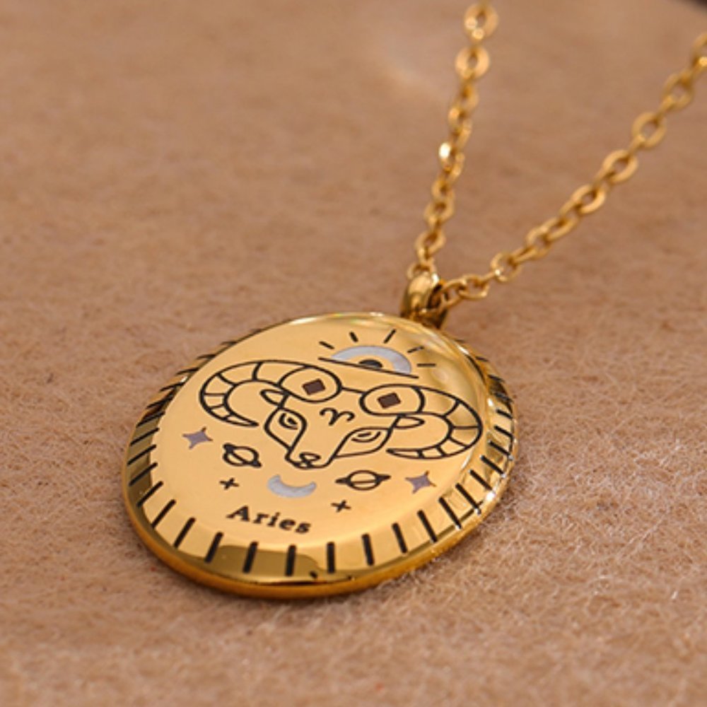 ARIES--NEW 18K Gold Plated ARIES Sign Zodiac Oval Pendant Necklace